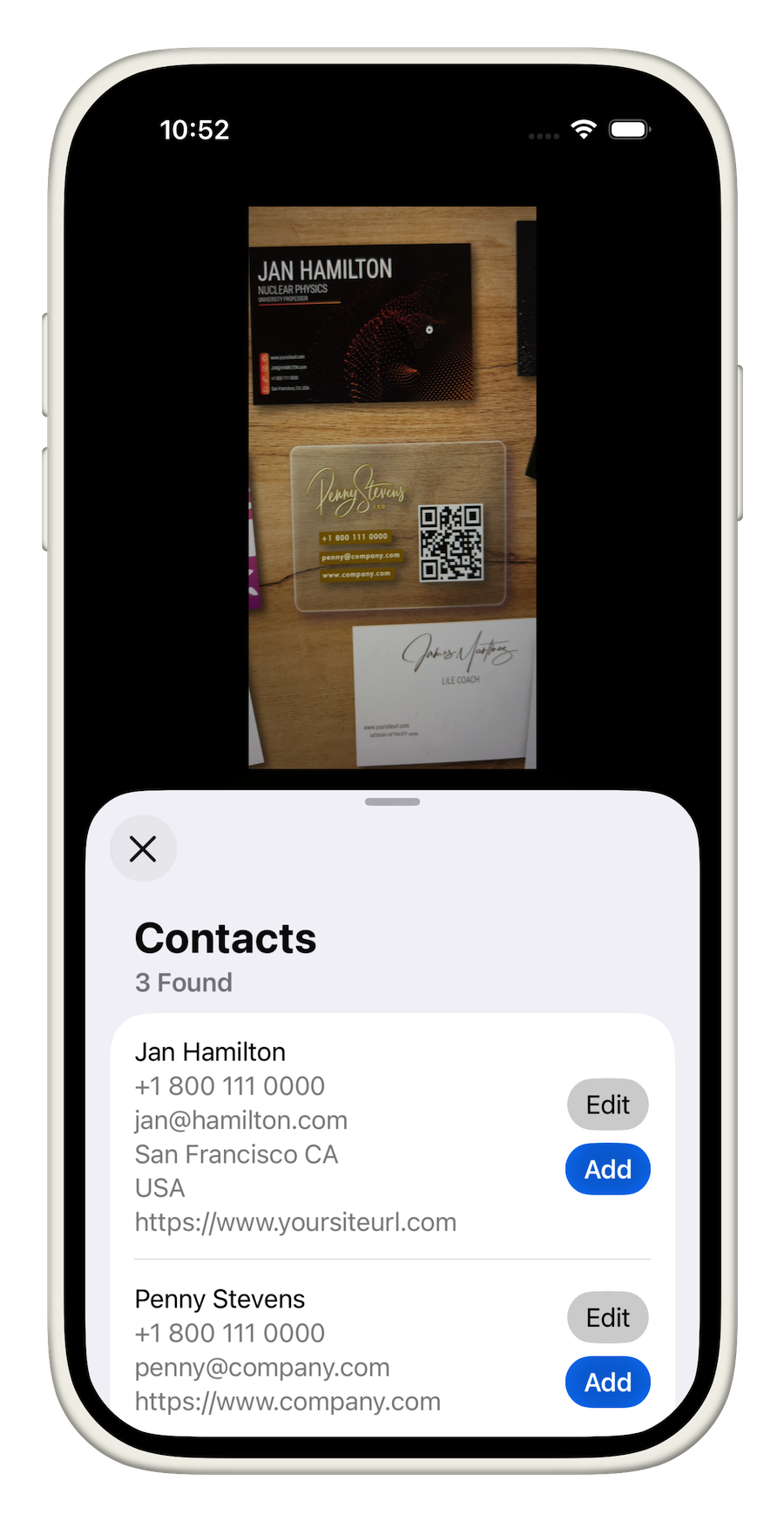 App Screenshot showing adding contacts from an image of business cards