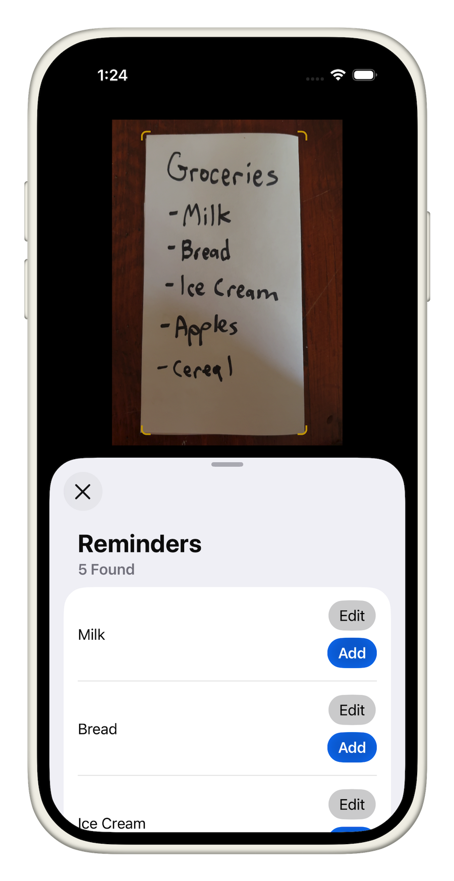 App Screenshot showing adding reminders from a grocery list